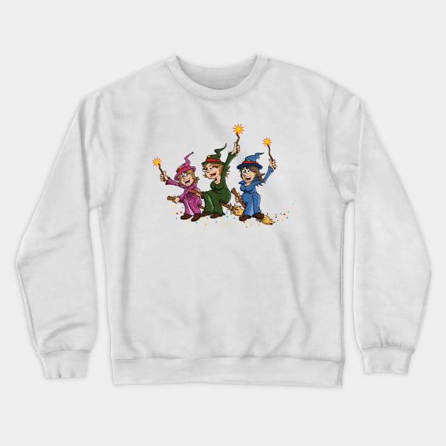 Three happy witches on a broom Crewneck Sweatshirt by Stefs-Red-Shop